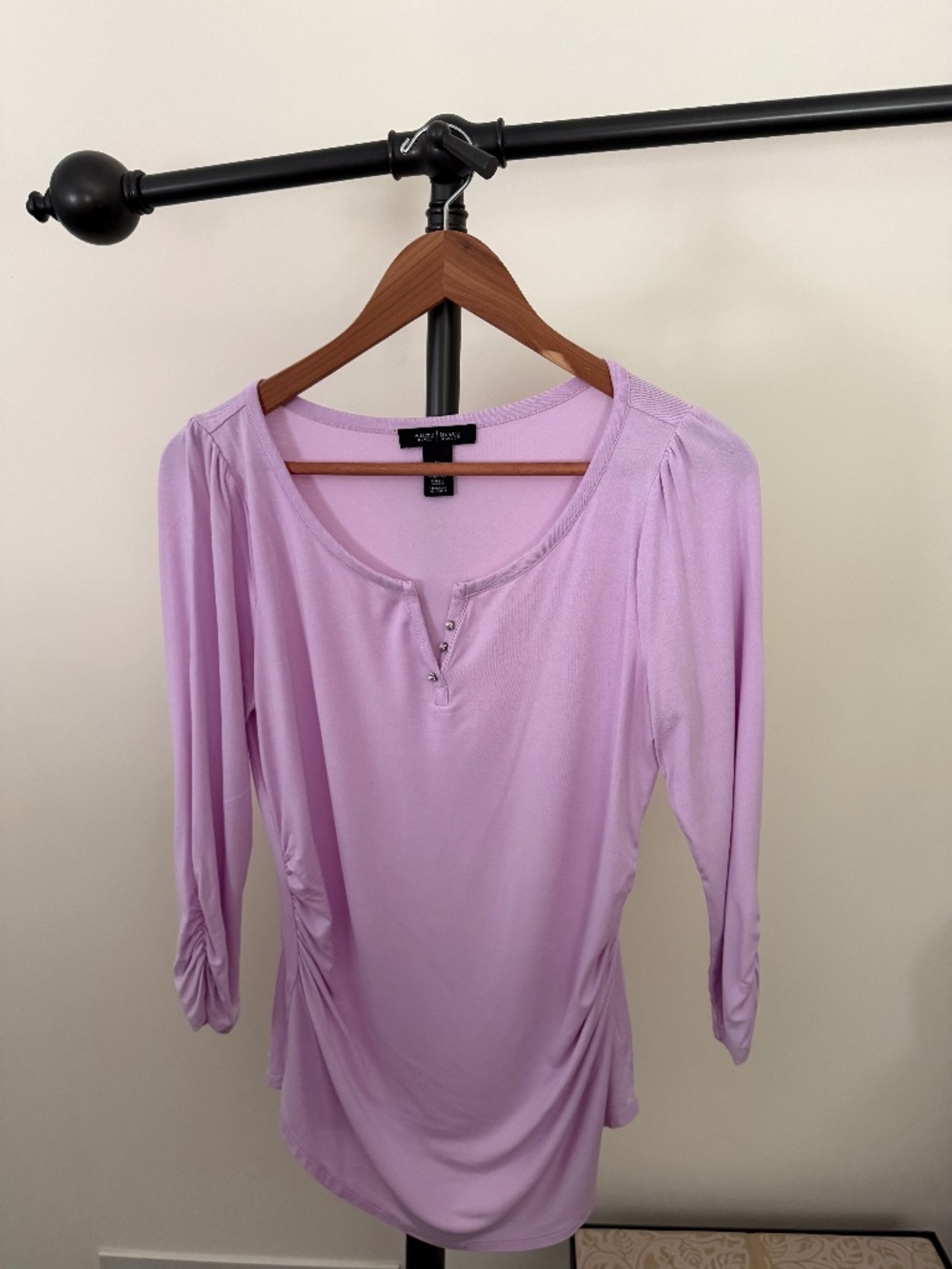 White House Black Market Lavender Henley Blouse Ruched 3/4 Sleeve